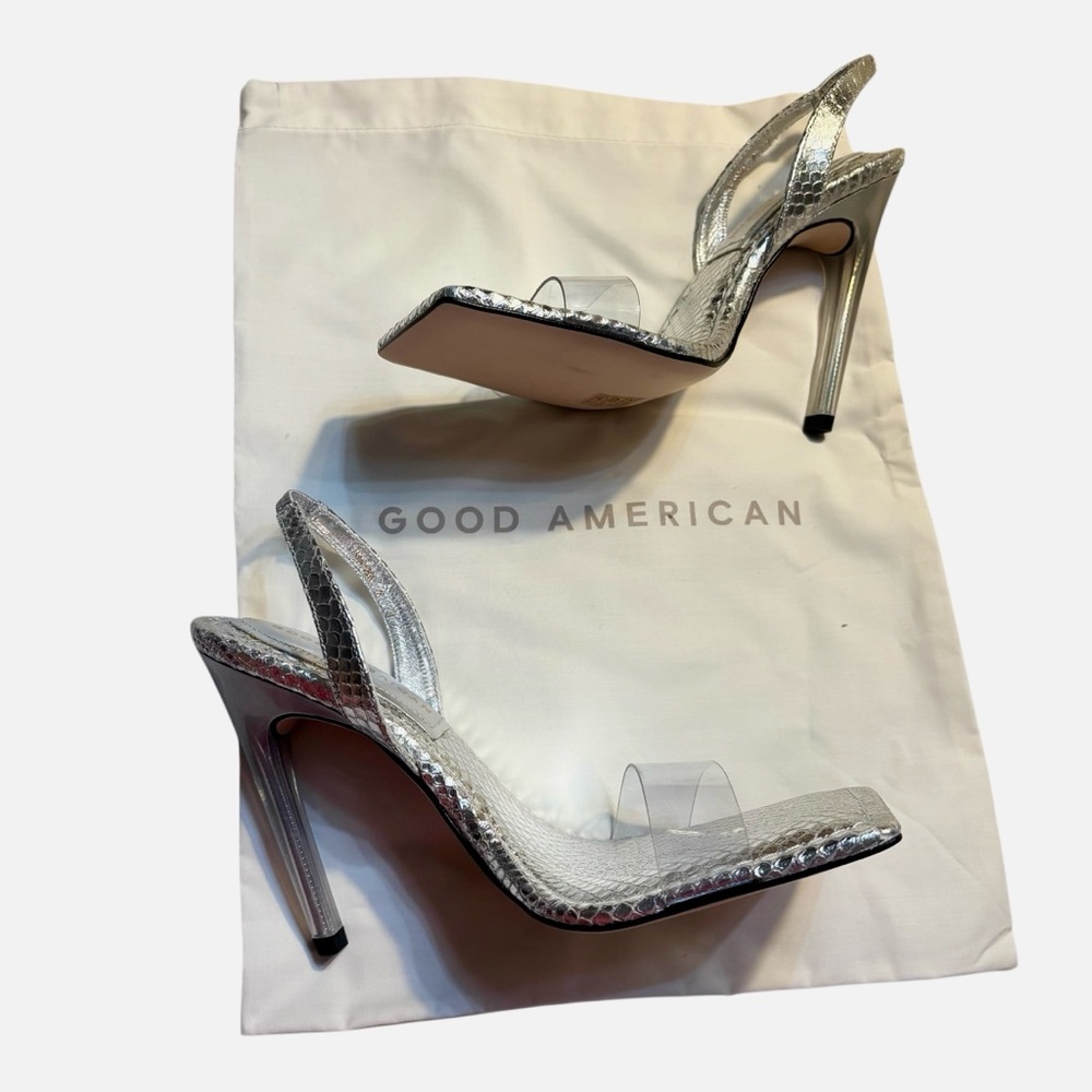 NEW Good American Heels Size 7 Metallic Silver Clear front Strap Made in Spain